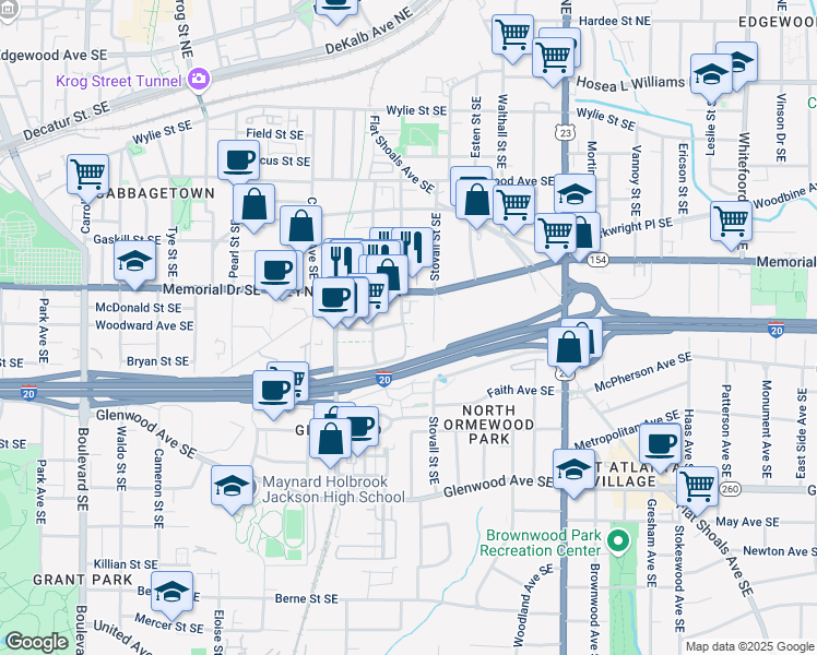 map of restaurants, bars, coffee shops, grocery stores, and more near 314 Gibson Street Southeast in Atlanta