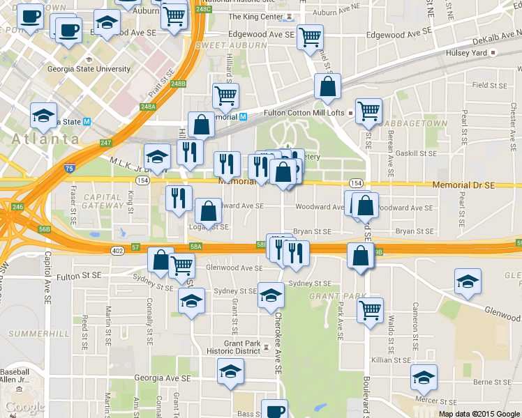 map of restaurants, bars, coffee shops, grocery stores, and more near 335 Oakland Avenue Southeast in Atlanta