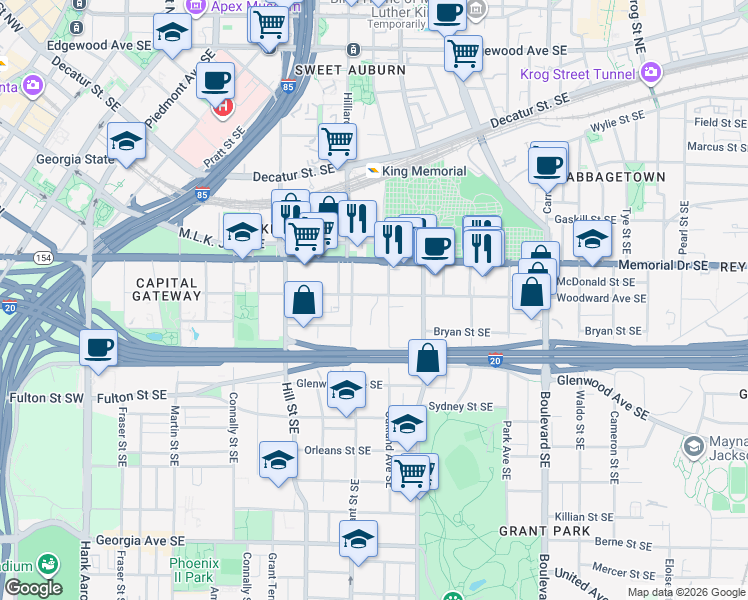 map of restaurants, bars, coffee shops, grocery stores, and more near 335 Oakland Avenue Southeast in Atlanta