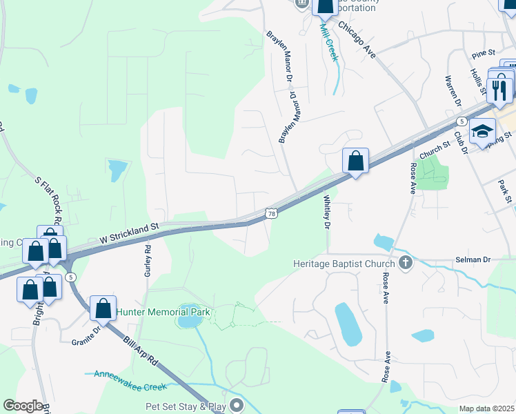 map of restaurants, bars, coffee shops, grocery stores, and more near 7245 West Strickland Street in Douglasville