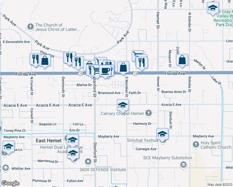 map of restaurants, bars, coffee shops, grocery stores, and more near 41919 Briarwood Avenue in Hemet