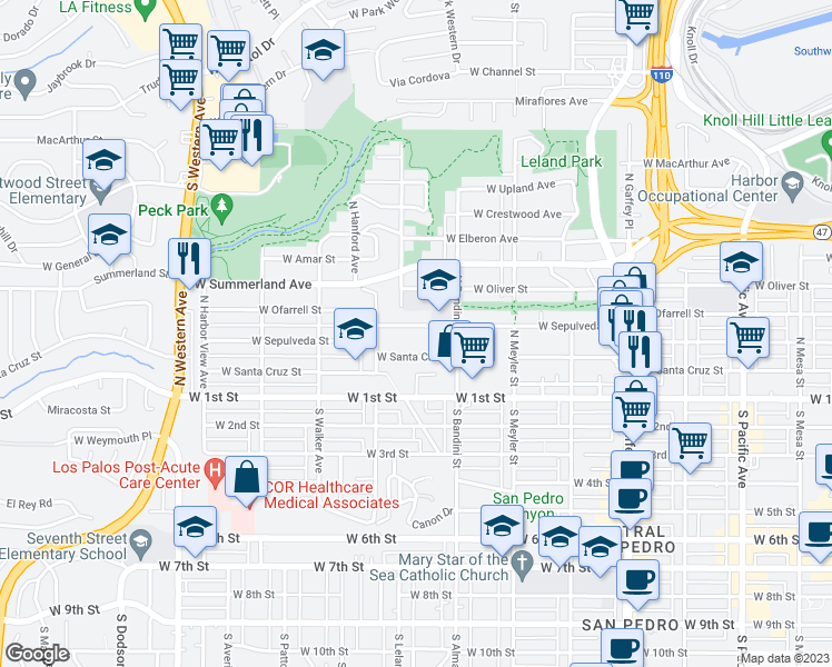 map of restaurants, bars, coffee shops, grocery stores, and more near 1085 West Sepulveda Street in Los Angeles