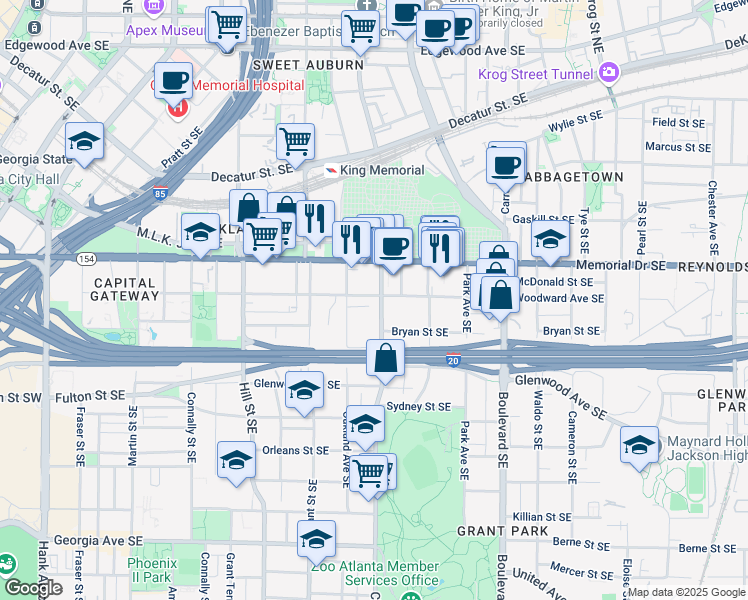 map of restaurants, bars, coffee shops, grocery stores, and more near 427 Woodward Avenue Southeast in Atlanta