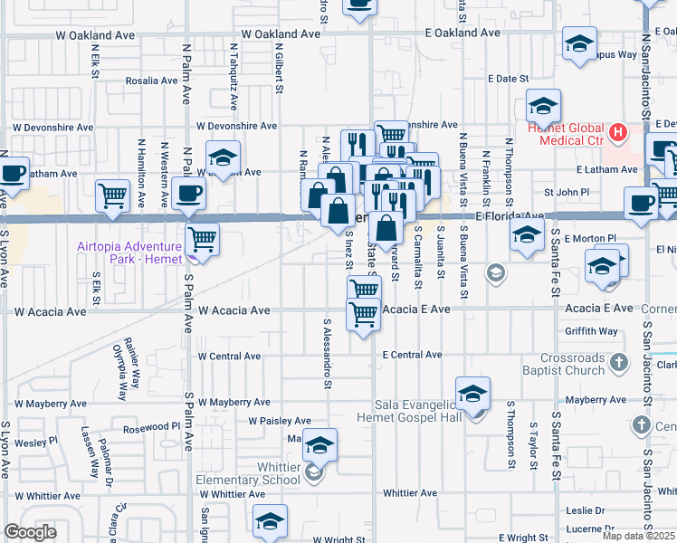 map of restaurants, bars, coffee shops, grocery stores, and more near 213 West Kimball Avenue in Hemet