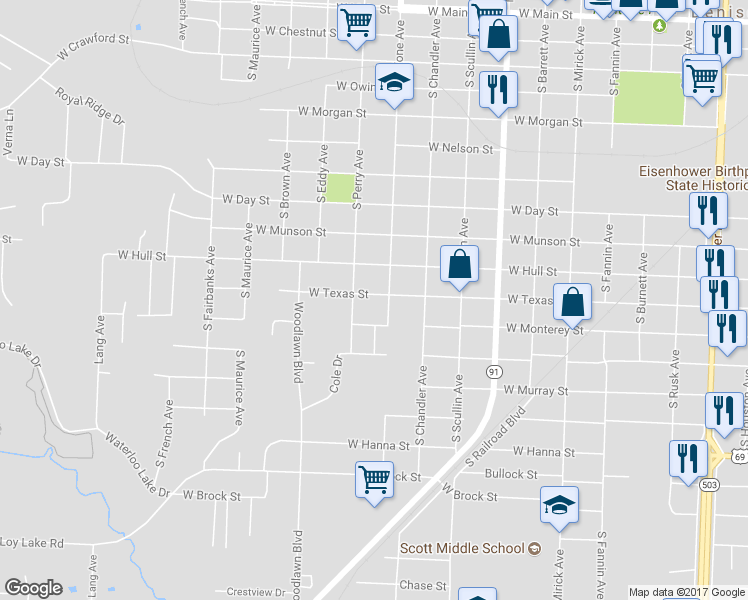 map of restaurants, bars, coffee shops, grocery stores, and more near 1120 West Texas Street in Denison
