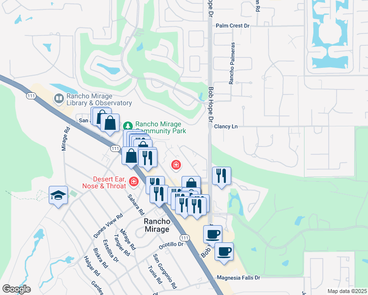map of restaurants, bars, coffee shops, grocery stores, and more near 71806 Eleanora Lane in Rancho Mirage