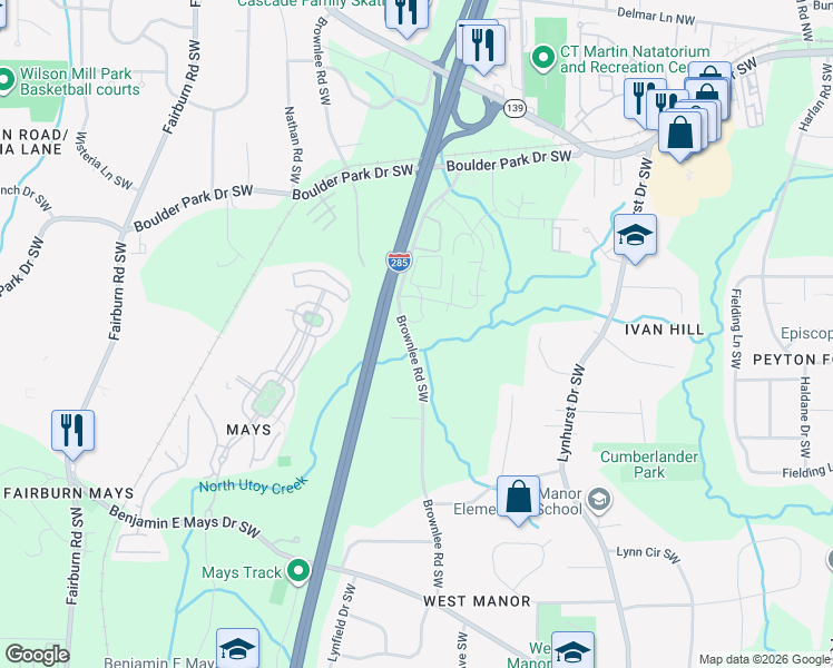 map of restaurants, bars, coffee shops, grocery stores, and more near 400 Brownlee Road Southwest in Atlanta