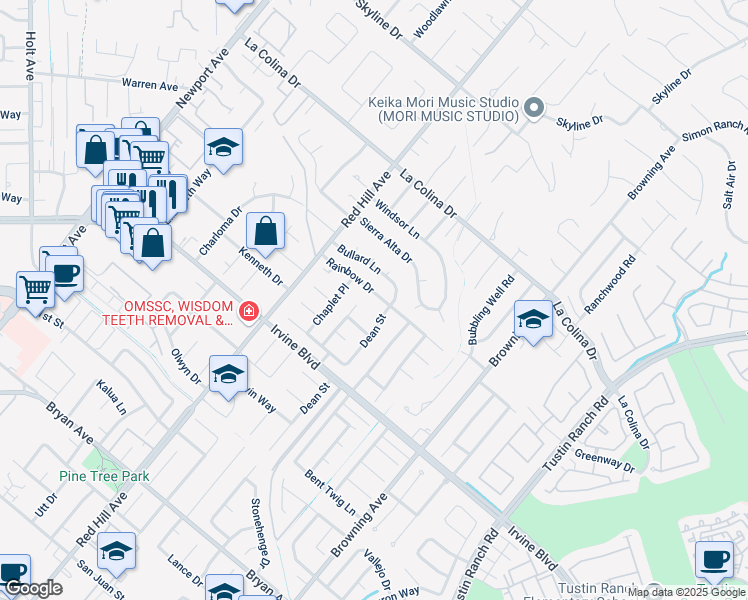 map of restaurants, bars, coffee shops, grocery stores, and more near 1672 Rainbow Drive in Santa Ana