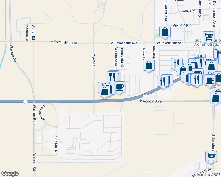 map of restaurants, bars, coffee shops, grocery stores, and more near 4672 West Florida Avenue in Hemet