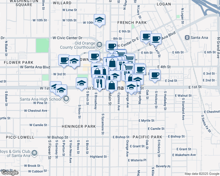 map of restaurants, bars, coffee shops, grocery stores, and more near 2 West 1st Street in Santa Ana