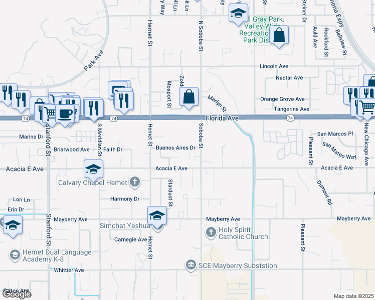 map of restaurants, bars, coffee shops, grocery stores, and more near 42449 Buenos Aires Drive in Hemet