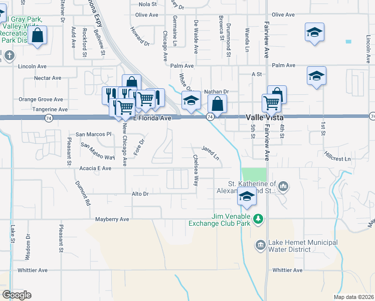 map of restaurants, bars, coffee shops, grocery stores, and more near 43609 Jared Lane in Hemet