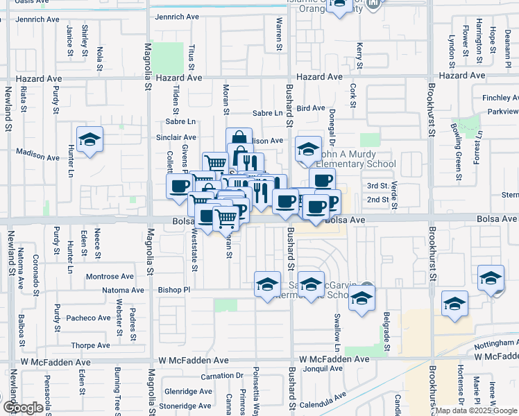 map of restaurants, bars, coffee shops, grocery stores, and more near 9345 Bolsa Avenue in Westminster
