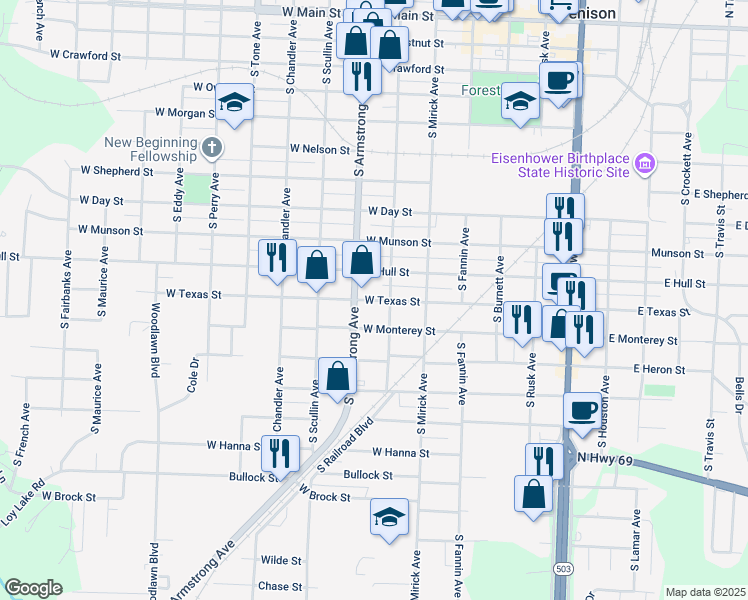 map of restaurants, bars, coffee shops, grocery stores, and more near 719 West Texas Street in Denison