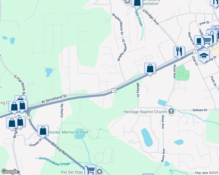 map of restaurants, bars, coffee shops, grocery stores, and more near 7245 West Strickland Street in Douglasville