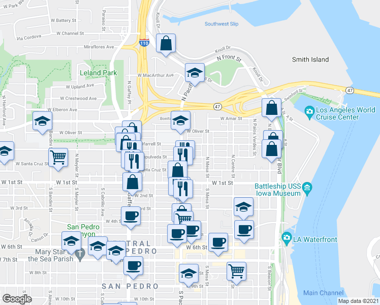 map of restaurants, bars, coffee shops, grocery stores, and more near 470 West Sepulveda Street in Los Angeles