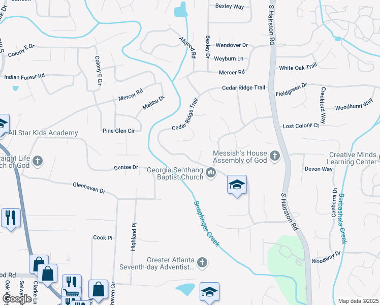 map of restaurants, bars, coffee shops, grocery stores, and more near 4317 Cedar Ridge Trail in Stone Mountain