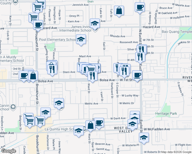 map of restaurants, bars, coffee shops, grocery stores, and more near 10567 Bolsa Avenue in Garden Grove