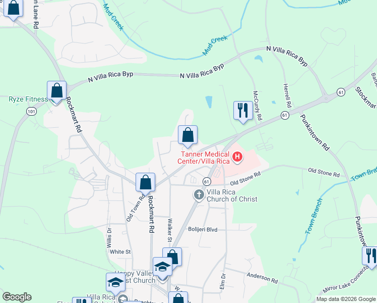 map of restaurants, bars, coffee shops, grocery stores, and more near 628 Old Town Road in Villa Rica