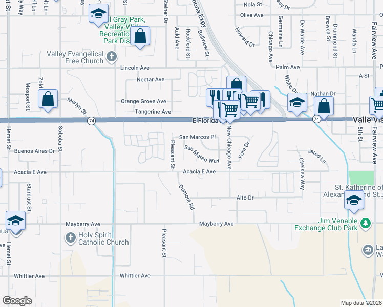map of restaurants, bars, coffee shops, grocery stores, and more near 43145 San Mateo Way in Hemet