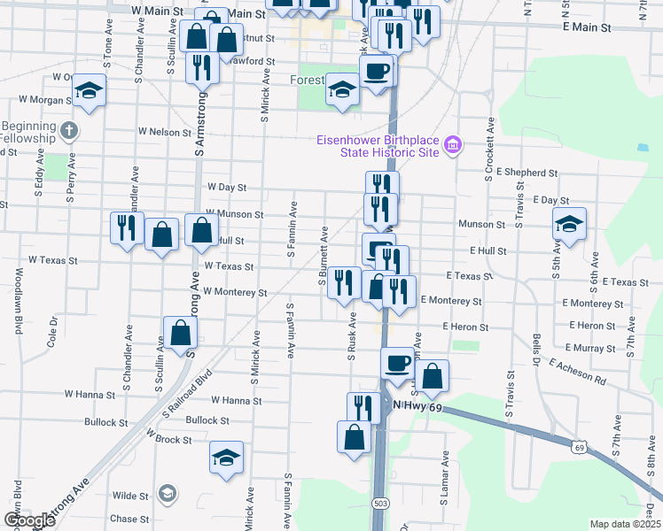 map of restaurants, bars, coffee shops, grocery stores, and more near 327 West Texas Street in Denison