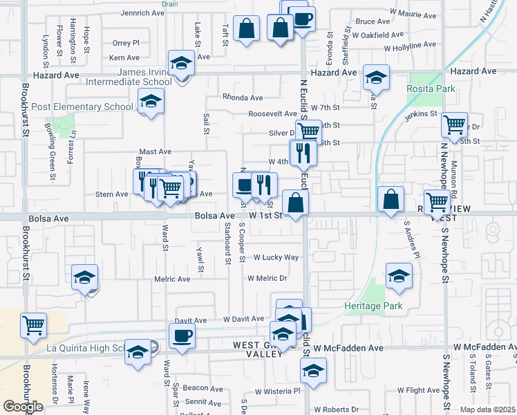 map of restaurants, bars, coffee shops, grocery stores, and more near 5421 Bolsa Avenue in Santa Ana