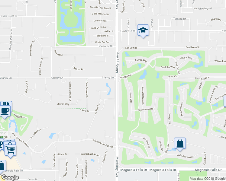map of restaurants, bars, coffee shops, grocery stores, and more near 23 Don Quixote Drive in Rancho Mirage