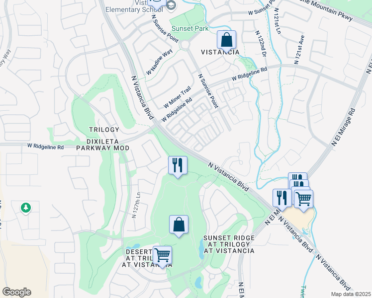 map of restaurants, bars, coffee shops, grocery stores, and more near Vistancia Blvd in Peoria