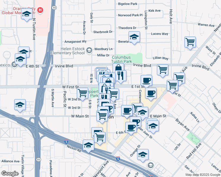 map of restaurants, bars, coffee shops, grocery stores, and more near 105 El Camino Real in Tustin