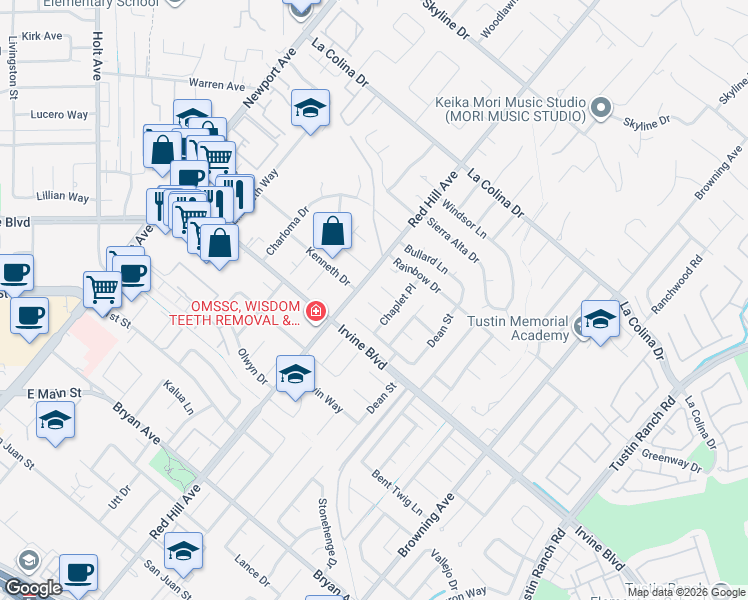 map of restaurants, bars, coffee shops, grocery stores, and more near 1541 Kenneth Drive in Santa Ana