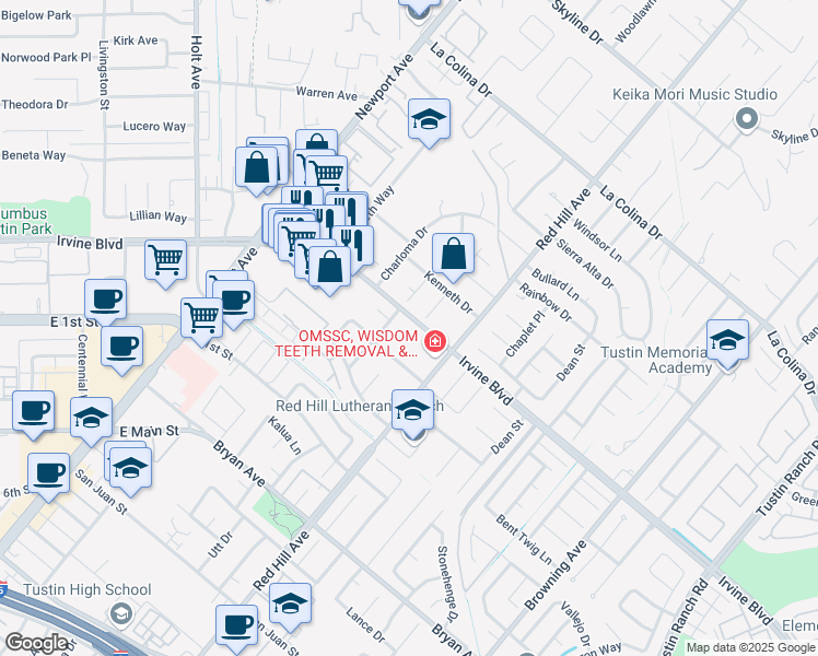 map of restaurants, bars, coffee shops, grocery stores, and more near 1372 Irvine Boulevard in Tustin