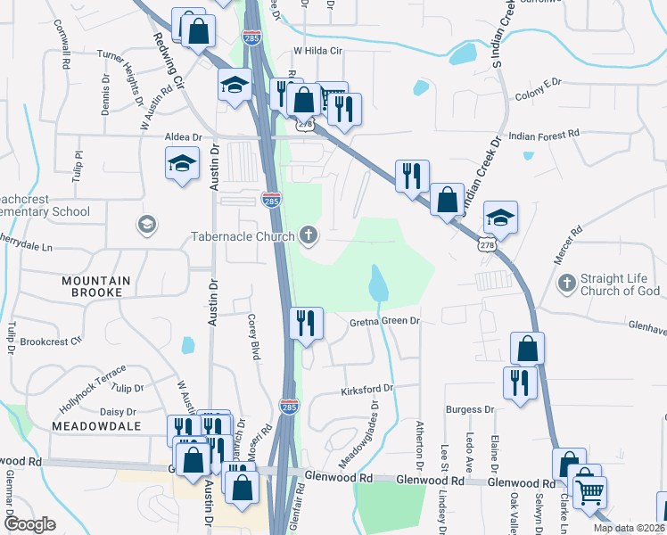 map of restaurants, bars, coffee shops, grocery stores, and more near 1580 Agape Way in Decatur