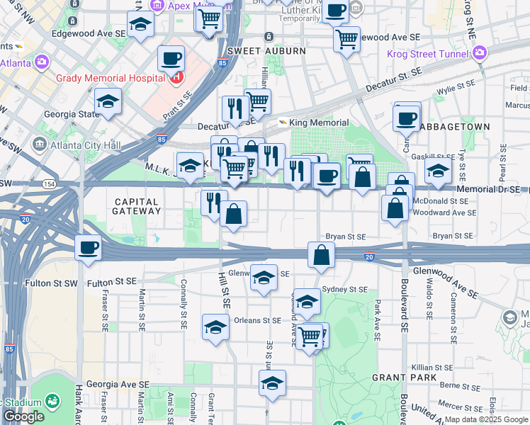 map of restaurants, bars, coffee shops, grocery stores, and more near 333 Woodward Avenue Southeast in Atlanta