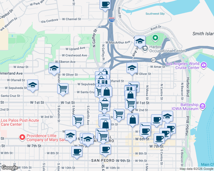 map of restaurants, bars, coffee shops, grocery stores, and more near 676 West Sepulveda Street in Los Angeles