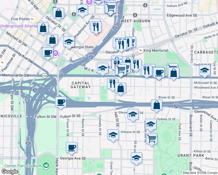 map of restaurants, bars, coffee shops, grocery stores, and more near 341 Kelly Street Southeast in Atlanta