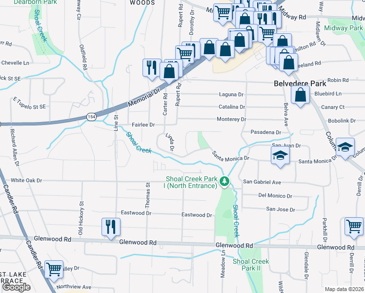 map of restaurants, bars, coffee shops, grocery stores, and more near 2808 Santa Barbara Drive in Decatur