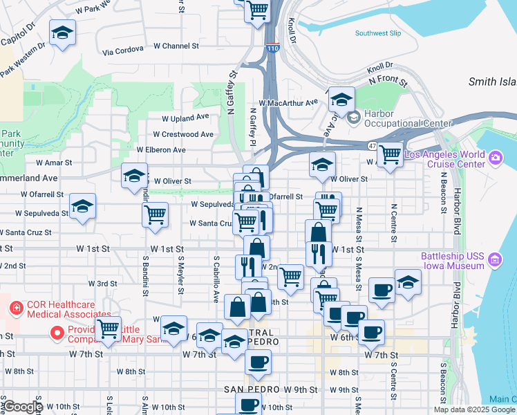 map of restaurants, bars, coffee shops, grocery stores, and more near 670 West Sepulveda Street in Los Angeles