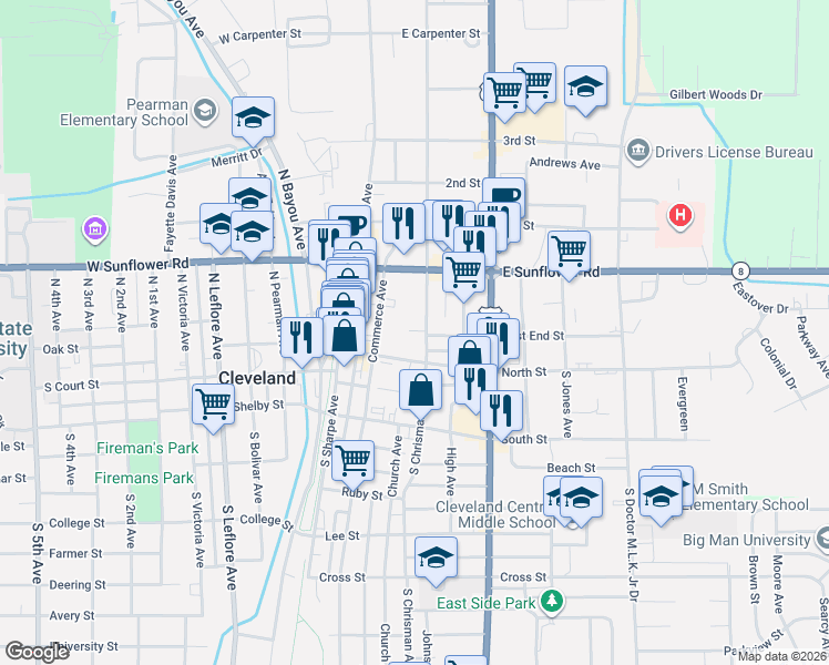 map of restaurants, bars, coffee shops, grocery stores, and more near 201-233 North Chrisman Avenue in Cleveland