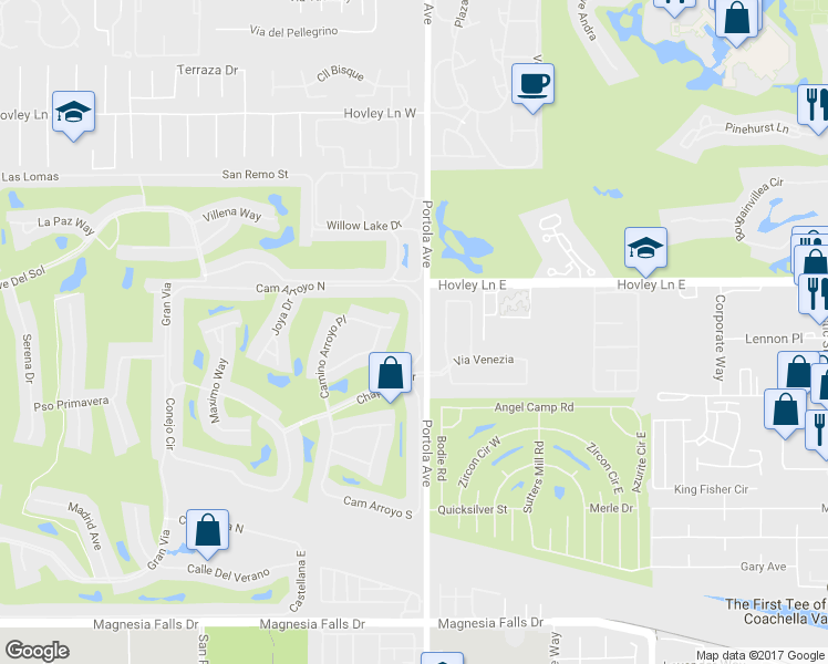 map of restaurants, bars, coffee shops, grocery stores, and more near 21 Cam Arroyo North in Palm Desert