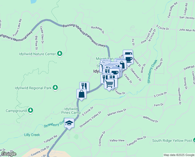 map of restaurants, bars, coffee shops, grocery stores, and more near 25955 California 243 in Idyllwild-Pine Cove