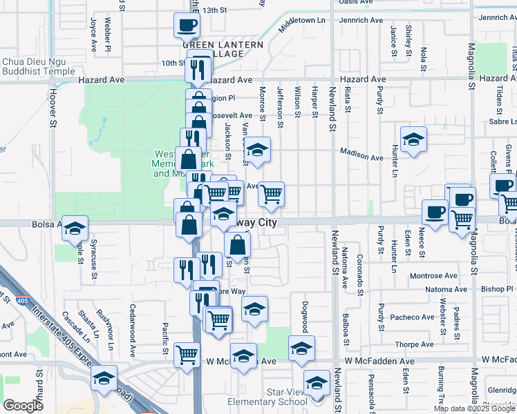 map of restaurants, bars, coffee shops, grocery stores, and more near 14931 Monroe Street in Midway City