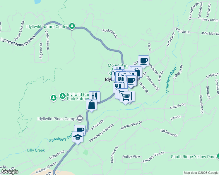 map of restaurants, bars, coffee shops, grocery stores, and more near 25955 California 243 in Idyllwild-Pine Cove