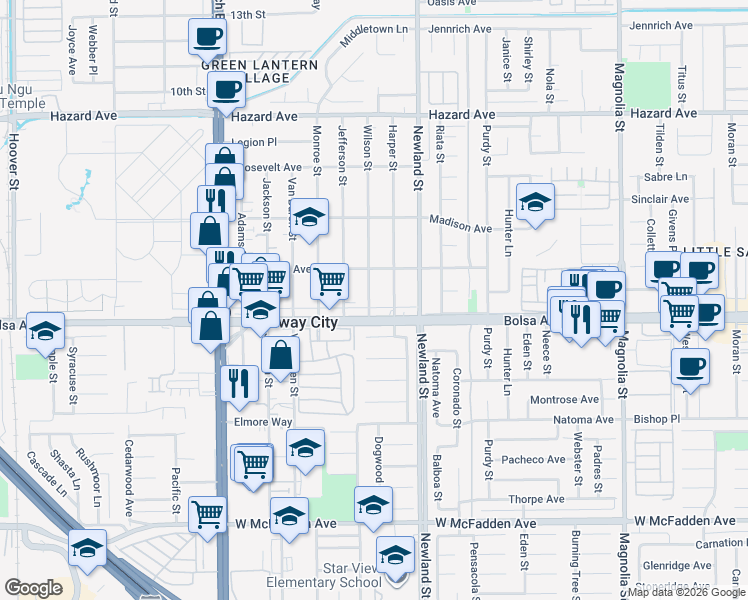 map of restaurants, bars, coffee shops, grocery stores, and more near 14938 Wilson Street in Midway City