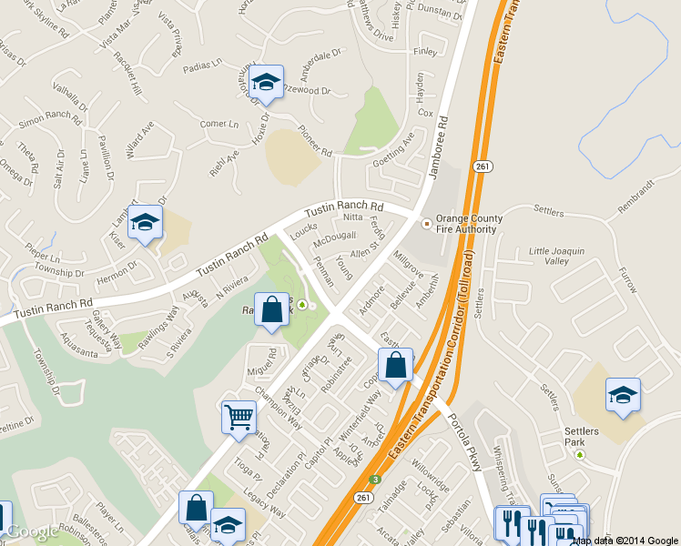 map of restaurants, bars, coffee shops, grocery stores, and more near 2996 Young in Tustin
