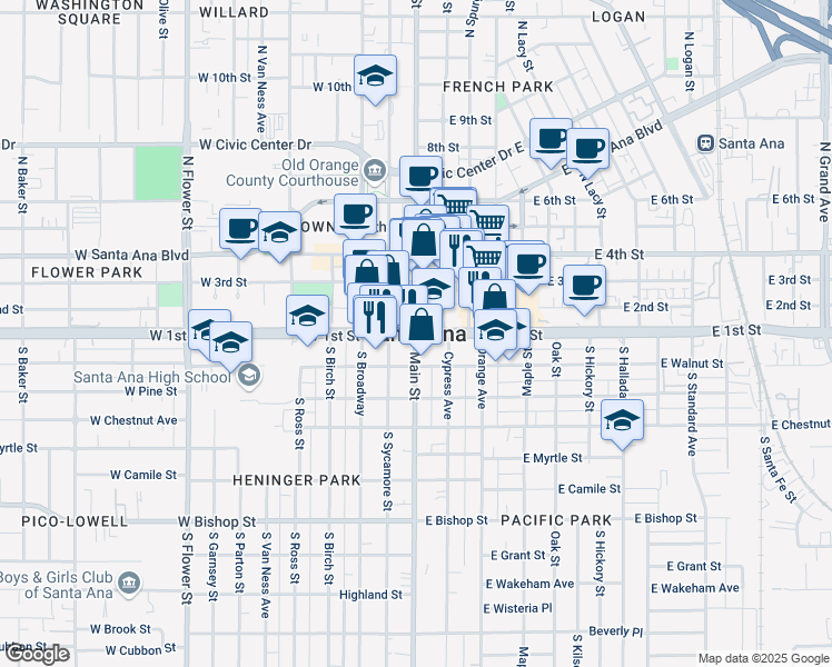 map of restaurants, bars, coffee shops, grocery stores, and more near 627 East Bishop Street in Santa Ana