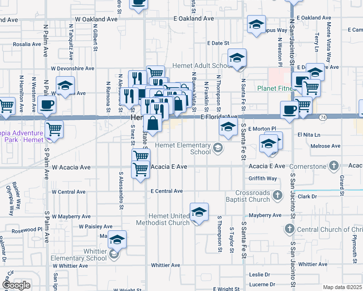 map of restaurants, bars, coffee shops, grocery stores, and more near 209 South Juanita Street in Hemet
