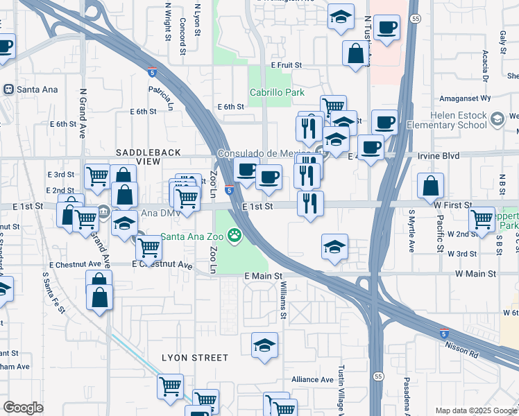 map of restaurants, bars, coffee shops, grocery stores, and more near 1814 East 1st Street in Santa Ana