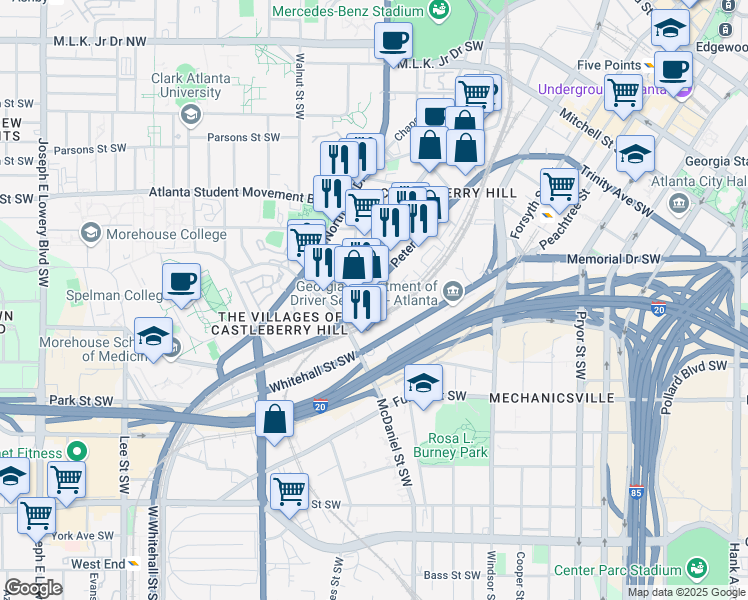 map of restaurants, bars, coffee shops, grocery stores, and more near 330 Peters Street Southwest in Atlanta