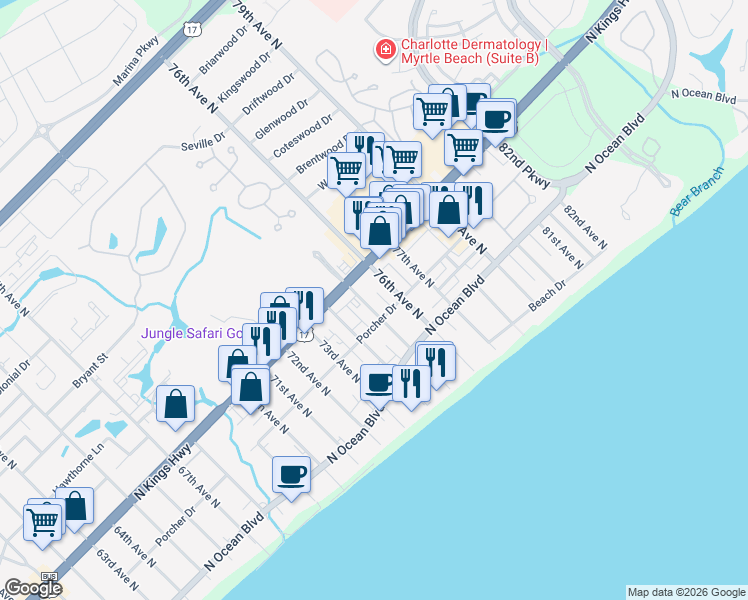 map of restaurants, bars, coffee shops, grocery stores, and more near 406 75th Avenue North in Myrtle Beach