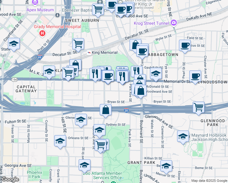 map of restaurants, bars, coffee shops, grocery stores, and more near 471 Woodward Avenue Southeast in Atlanta